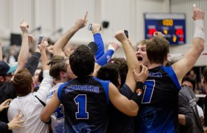 The Camosun Chargers men's volleyball team took home gold when they hosted the provincials recently (photo by Kevin Light).