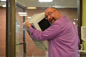 The student society’s Michael Glover expresses his microwave concerns (photo by Jill Westby/Nexus).