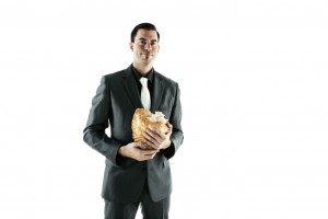 Victoria musician Nick La Riviere and one of his beloved conch shells (photo provided).