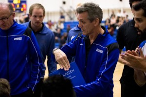 Camosun Chargers men’s volleyball head coach Charles Parkinson (centre) hard at work on the court (photo provided).