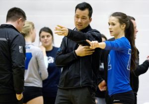 Chris Dahl coaching the Camosun Chargers women’s volleyball team (photo by Camosun College A/V Services).